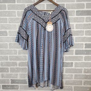 NWT Umgee Womens S Blue Multiprint 3/4 Ruffled Sleeve V-Neck Tunic Dress‎ Boho